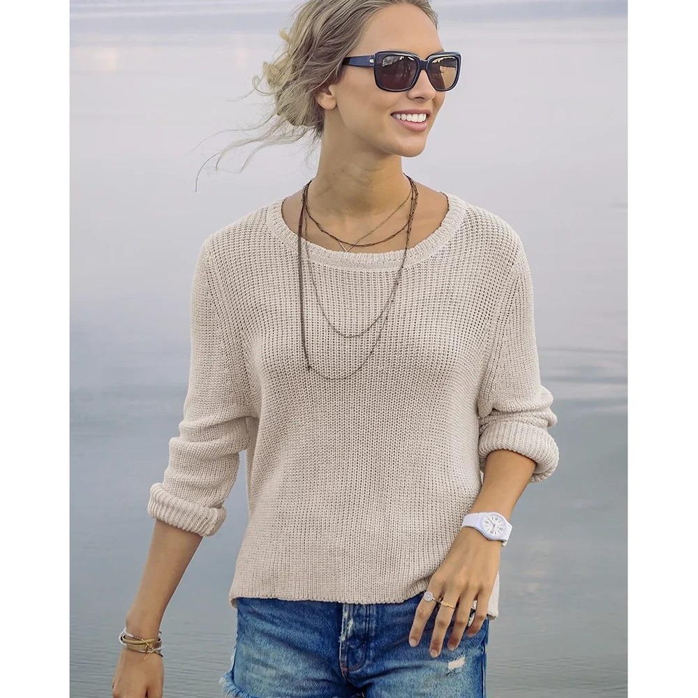Wooden Ships Marina Mercer Crew Sweater Size M/L Beige Gray Cotton Open Knit